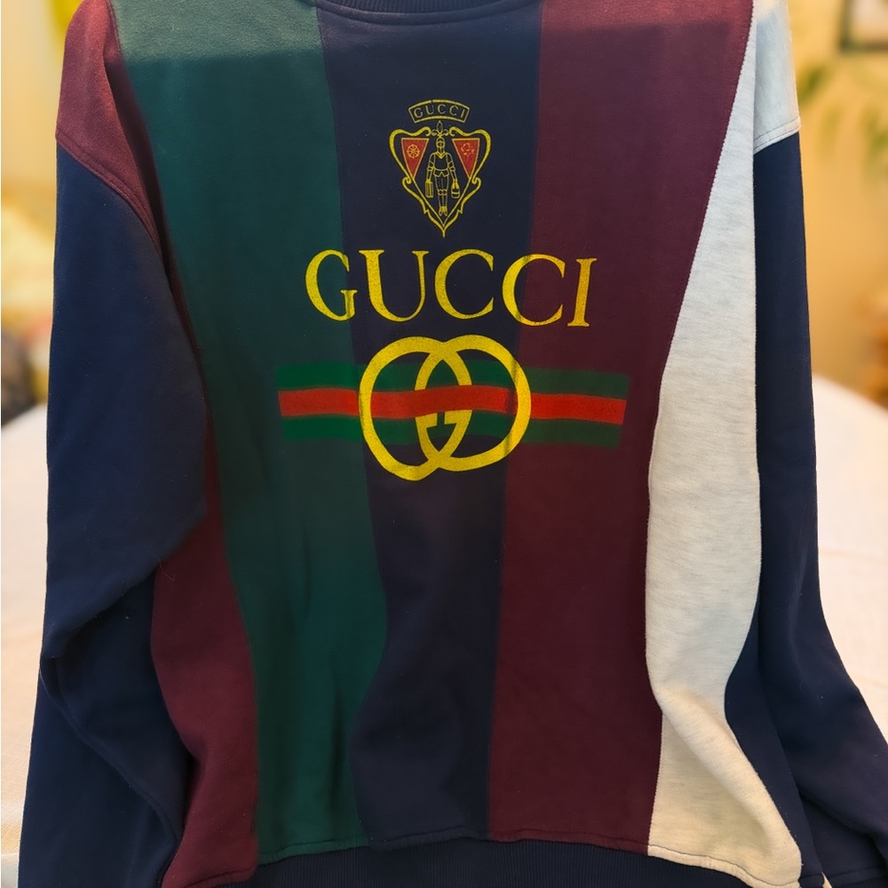 Gucci Striped Multicolor Crewneck Sweatshirt with Yellow Logo